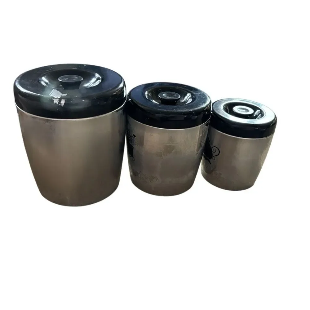 Vintage West Bend Aluminum Canister Set of 3 - Sugar Coffee Tea MCM Black Lids